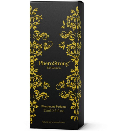 Black and gold PheroStrong perfume packaging on a white background