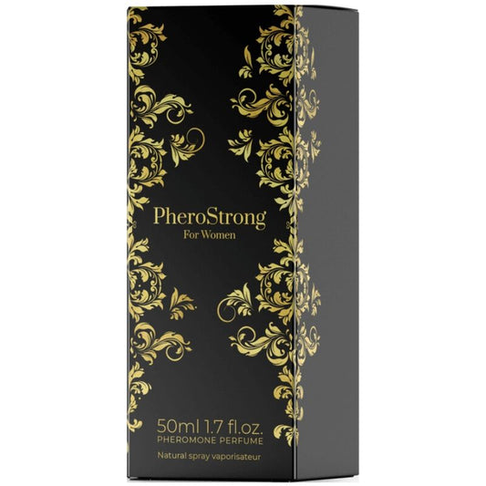 Black and gold PheroStrong perfume box on a white background