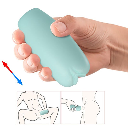 Hand holding a light blue silicone tool with illustrations showing its use on a white background