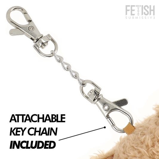Metal keychain with attached leash on a white background, labeled 'Attachable Key Chain Included'.