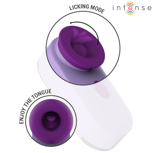 Purple and white device with 'Licking Mode' and 'Enjoy the Tongue' text, featuring the brand 'intense'.