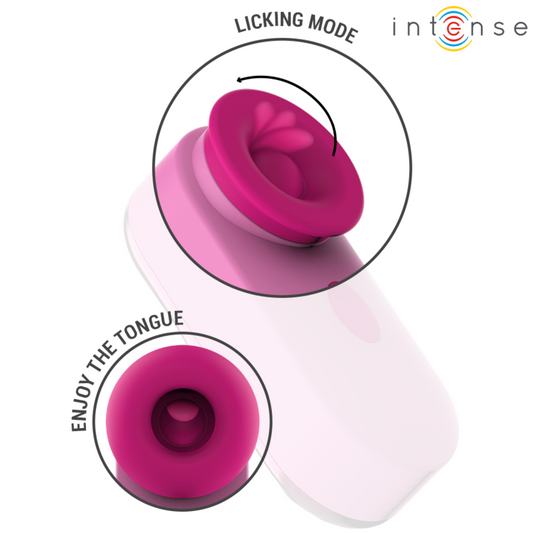 Pink and white silicone product with 'Licking Mode' and 'Enjoy the Tongue' text, branded 'intense'.