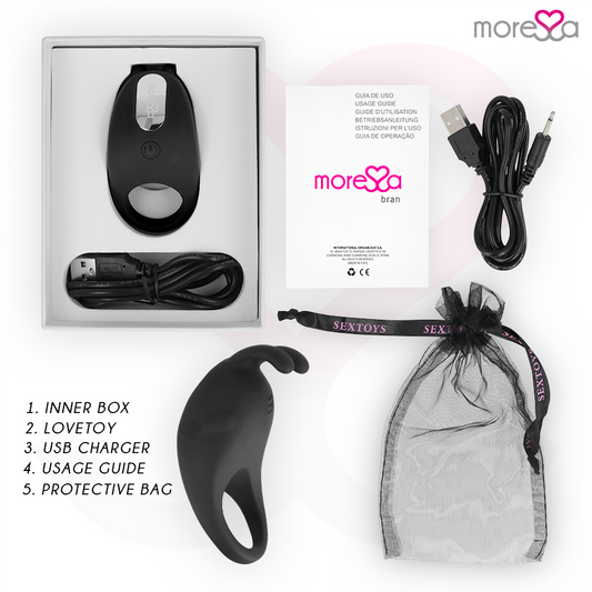 Sex toy packaging with USB charger, usage guide, and protective bag on a white background