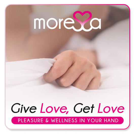 Advertisement for moressa with a hand holding a product, featuring the brand's logo and tagline.