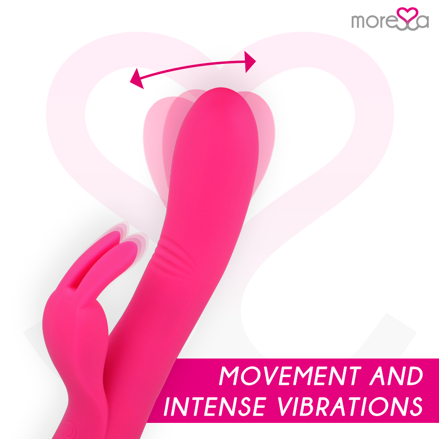 Pink silicone product with text 'Movement and Intense Vibrations' on a white background