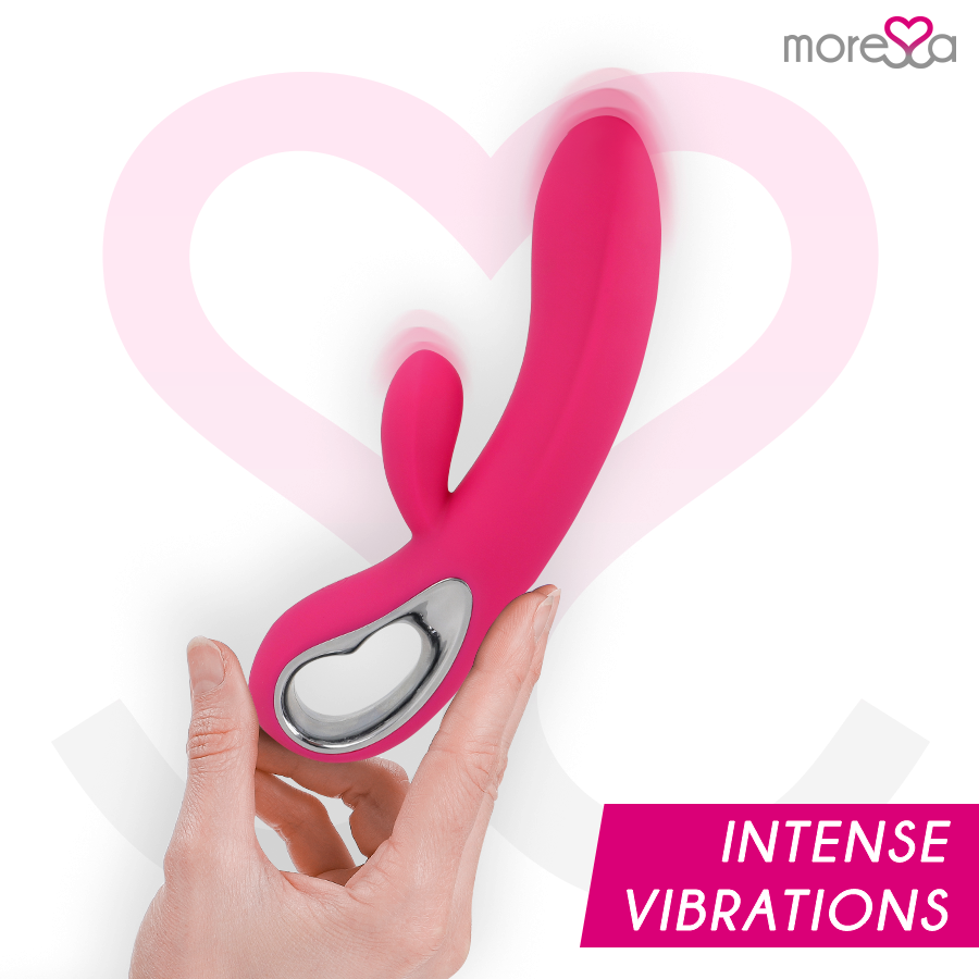 Pink and silver device held by a hand with 'moreca' branding and 'intense vibrations' text on a white background.