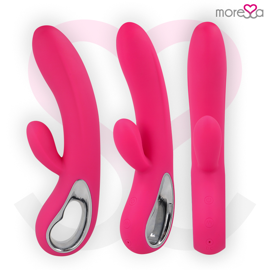 Three pink silicone toys with metallic ends on a white background, branded 'morelia'.