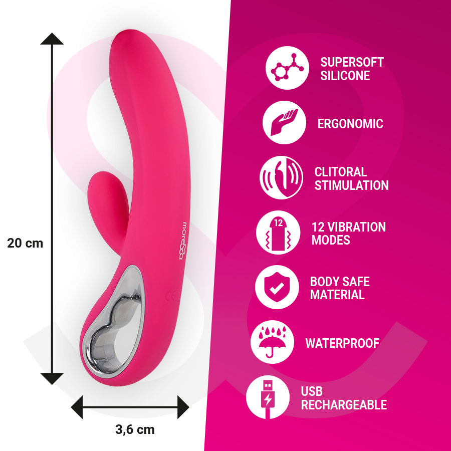 Pink silicone device with features listed on a pink background