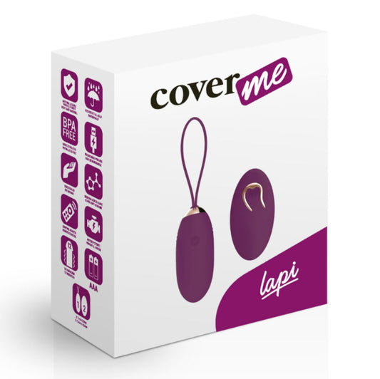 Product packaging for 'cover me' with a purple device on a white background