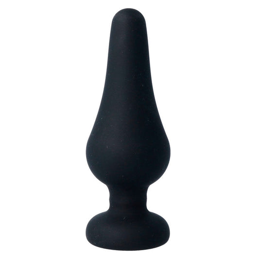 Black rubber butt plug on a white background