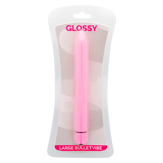 Pink bullet vibe in clear packaging with 'Glossy' branding on a white background
