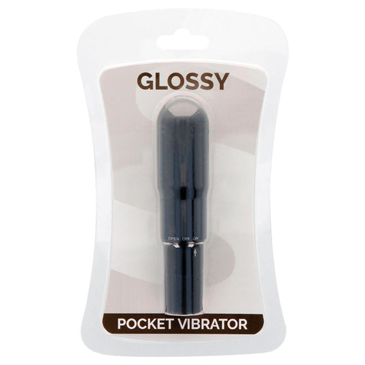 Black pocket vibrator in clear packaging with 'Glossy' branding on a white background