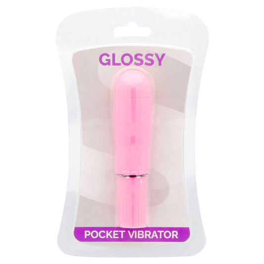 Pink pocket vibrator in clear packaging with 'Glossy' branding on a white background