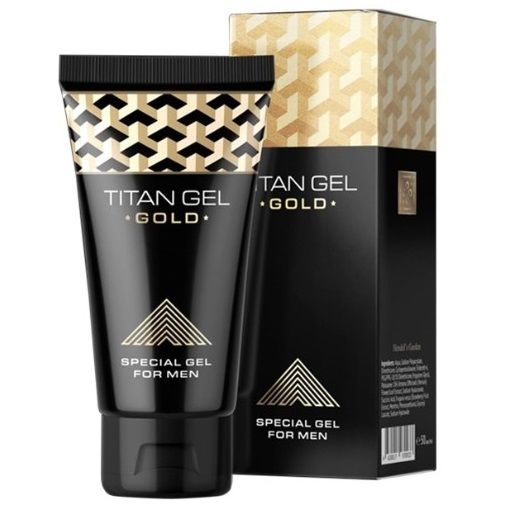 Titan Gel Gold packaging with black tube and gold box on a white background