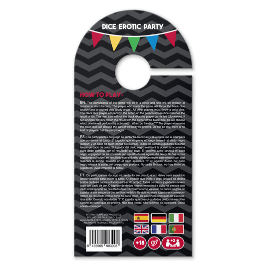 Dice Erotic Party packaging with instructions and flags on a black background