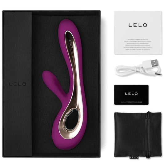 Purple and silver device with LELO branding, packaging, and accessories on a white background