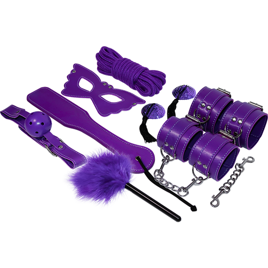 Purple leather bondage set with various accessories on a white background