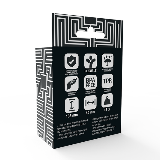 Black packaging box with white text and icons on a white background