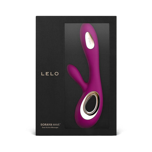Purple and gold massager in a black box with 'LELO' branding on a white background