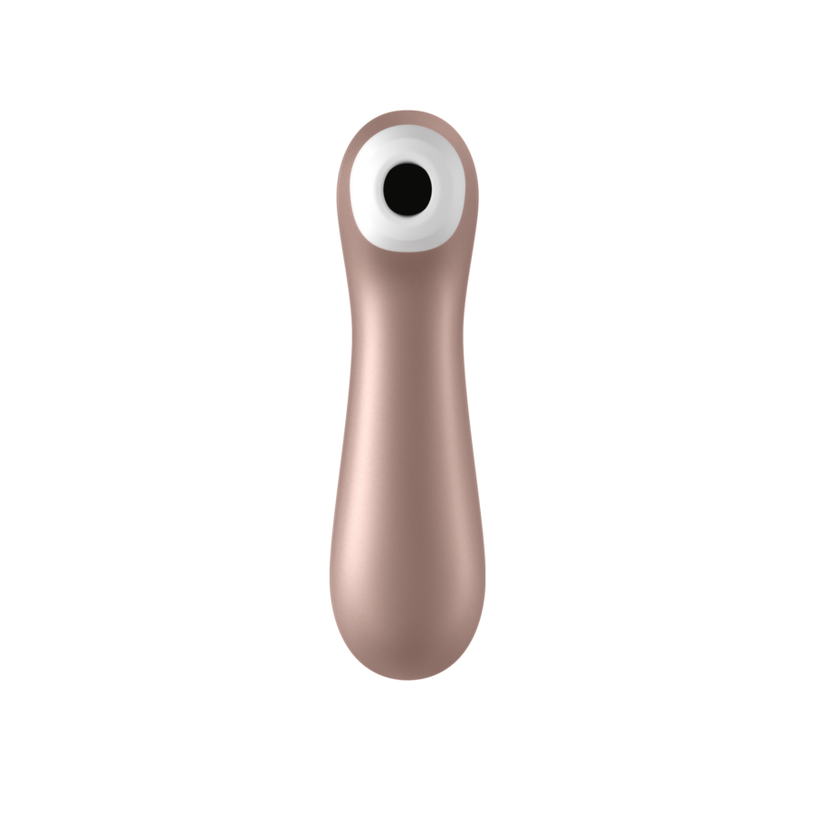 Rose gold electronic device with a black and white circular component on a white background