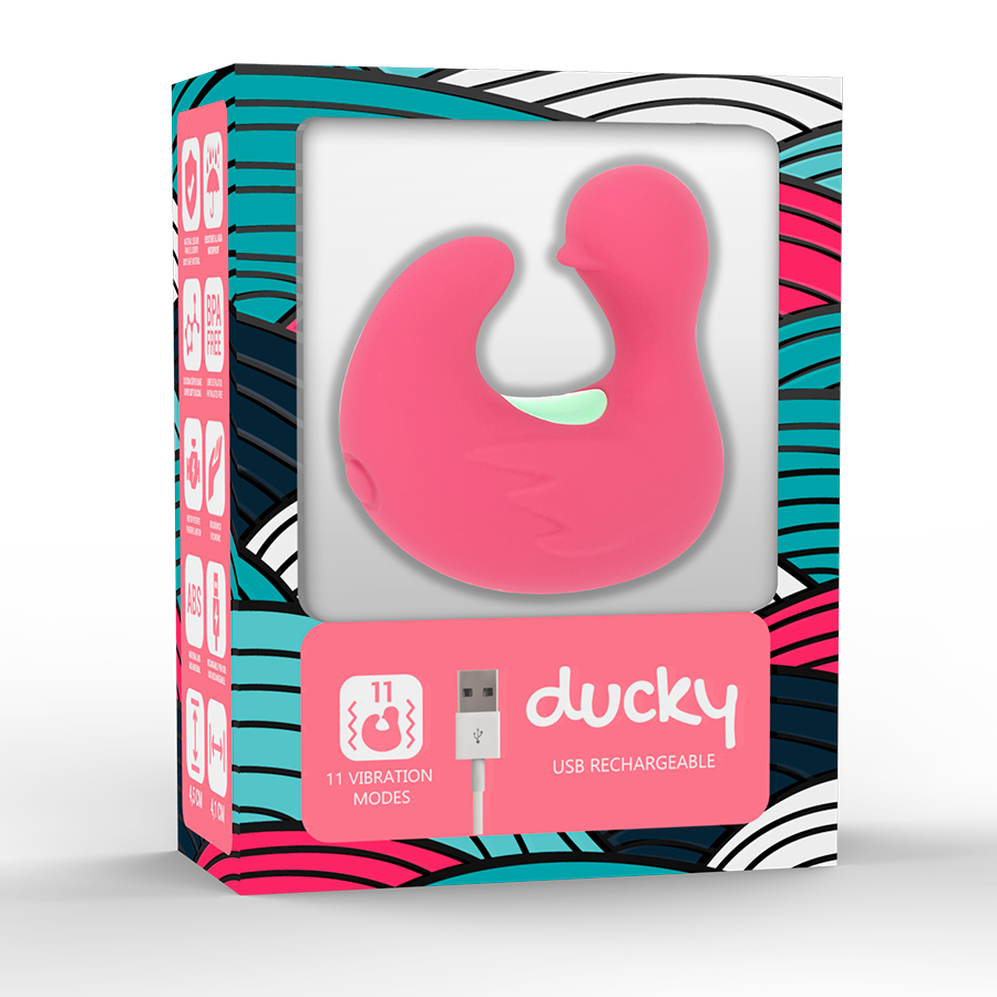 Pink 'ducky' USB rechargeable device in colorful packaging on a white background