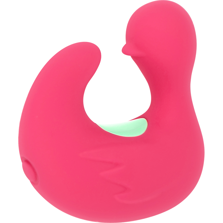 Pink rubber duck with a green interior on a white background