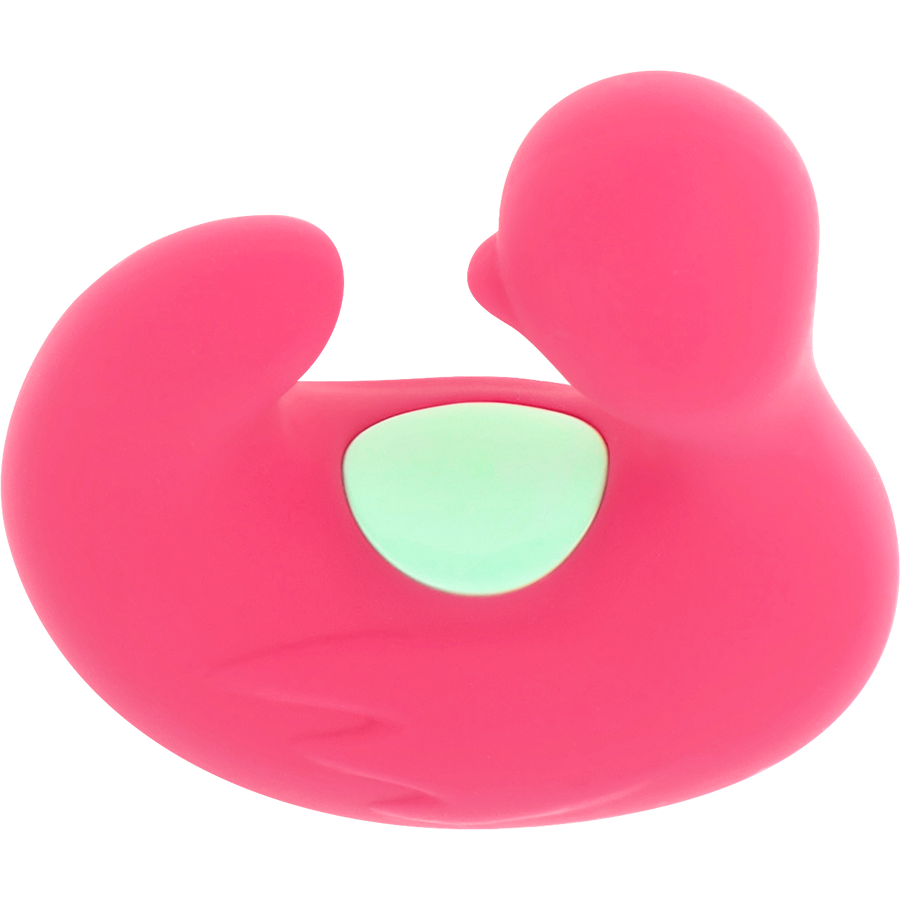 Pink rubber duck with a green beak on a white background