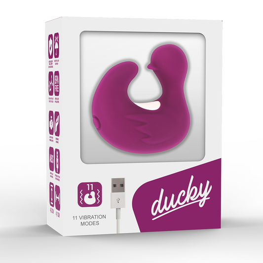 Purple 'duck' shaped product in packaging with 'duck' branding on a white background