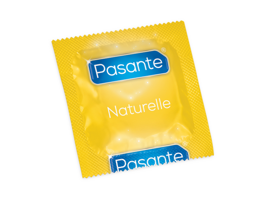 Yellow Pasante Naturelle condom package on a white background