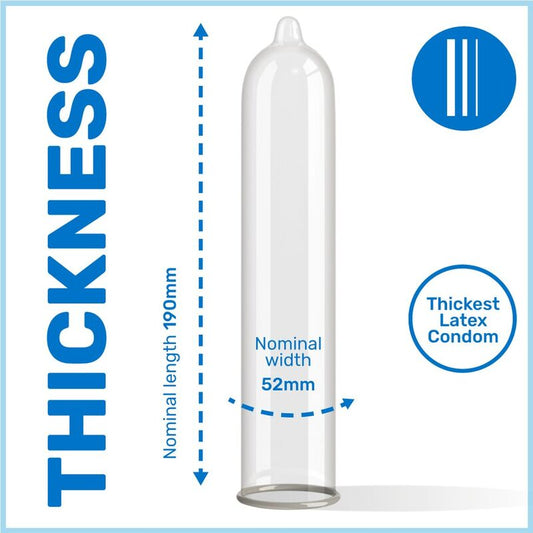White condom with measurements and text on a blue background