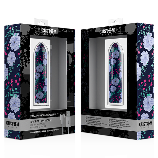 Two packaging boxes of a 'Custom' product with floral design on a white background