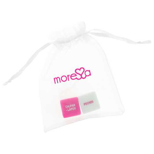 White drawstring bag with 'morella' branding and product labels on a white background