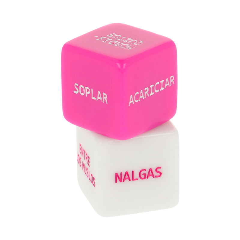 Pink dice with Spanish words on a white background
