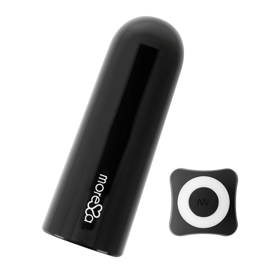 Black cylindrical device with a smaller square device featuring a logo on a white background