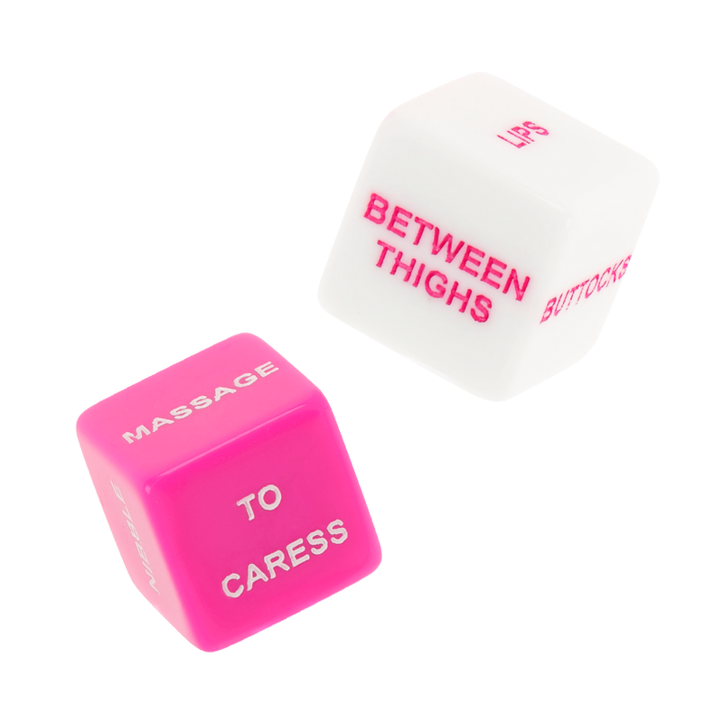 Pink and white dice with text on a white background