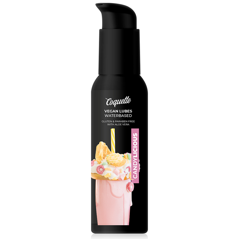 Bottle of Coquette Vegan Lubes Waterbased with a colorful label on a white background