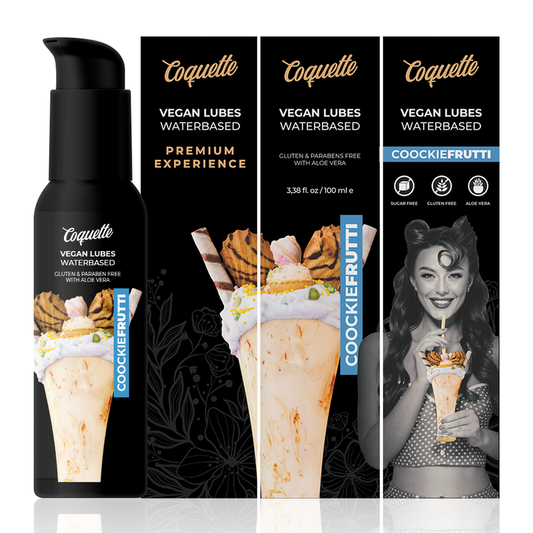 Coquette vegan lubes packaging with ice cream cone imagery on a white background