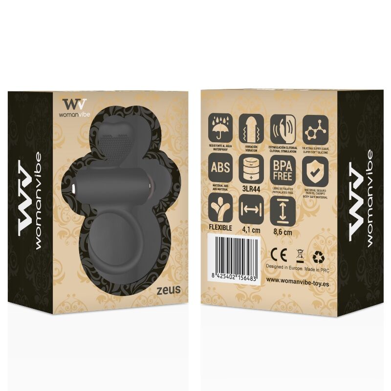 WomanVibe product packaging with 'Zeus' device on a beige and black background