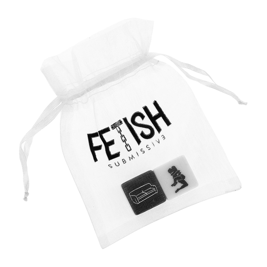White drawstring bag with 'Fetish Submissive' branding and two black rubber toys on a white background