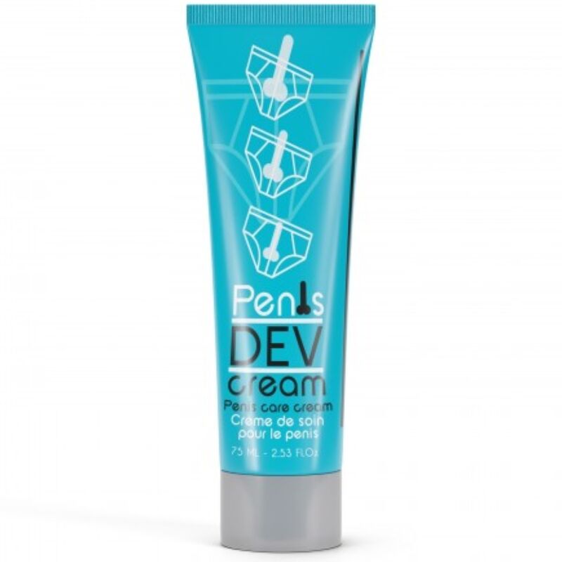 Blue tube of 'Penis Dev Cream' on a white background
