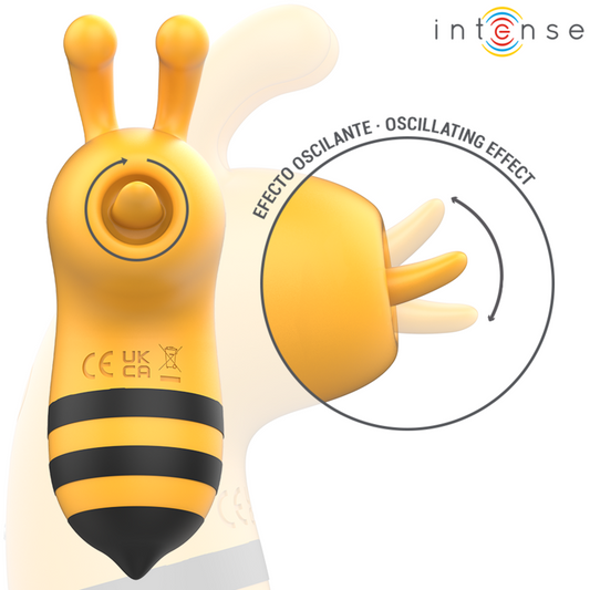 Yellow and black toy with oscillating effect on a light beige background, featuring the brand 'intense'.