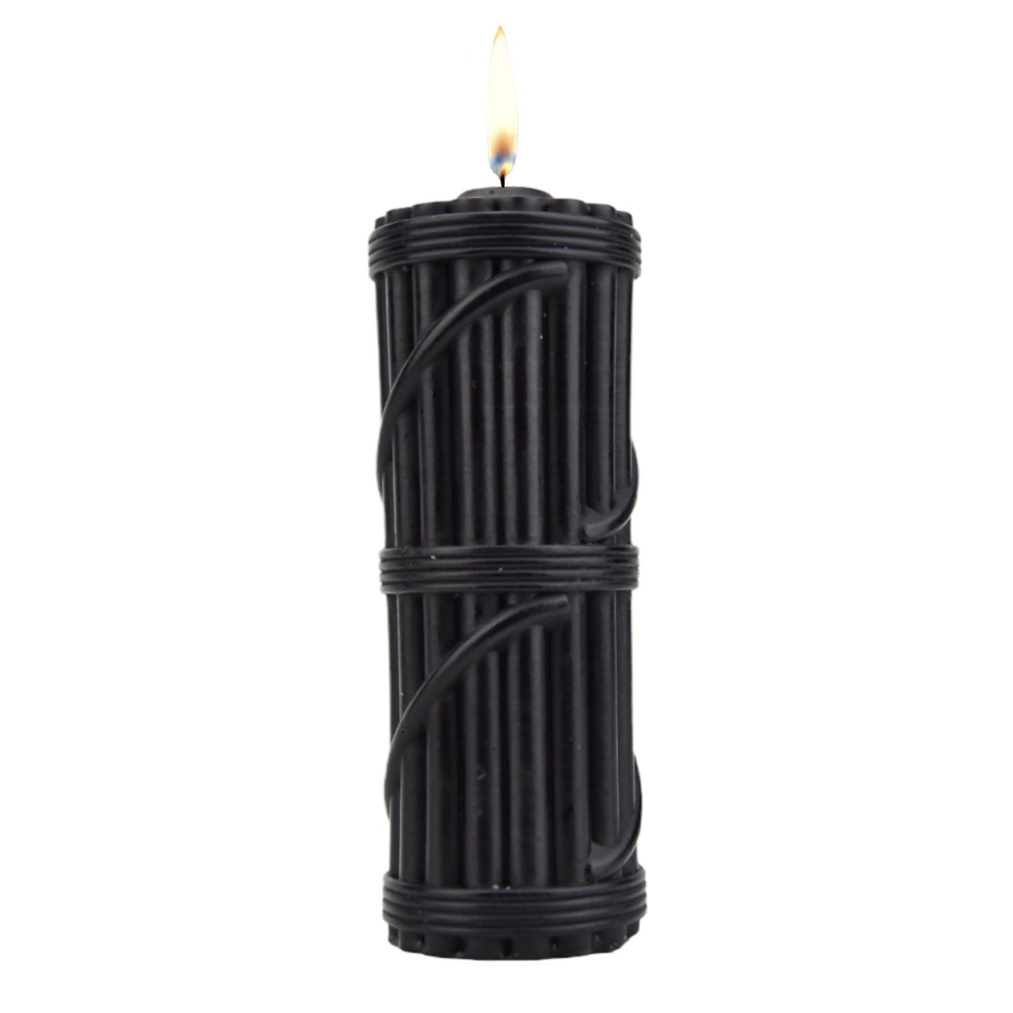 Black textured candle with lit flame, romantic ambiance by WELLWETTA