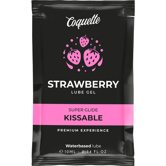 Coquette Strawberry Lube Gel packaging with black and pink design on a white background