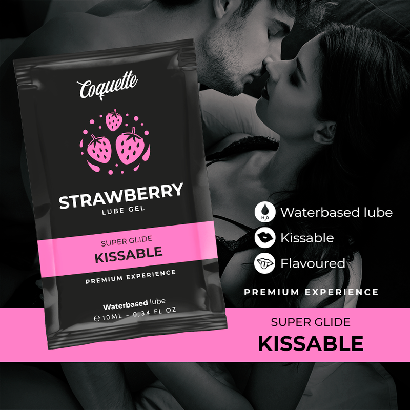 Coquette Strawberry Lube Gel packaging with a couple embracing in the background