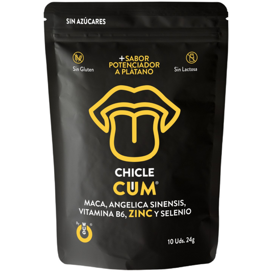 Black packaging of Chicle Cum with yellow text and logo on a white background