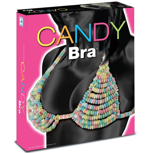 Box of Candy Bra with colorful design on a pink background