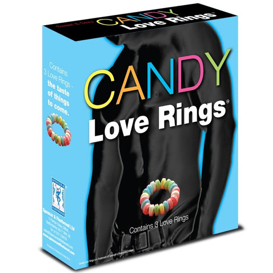 Box of CANDY Love Rings with colorful ring illustration on a white background