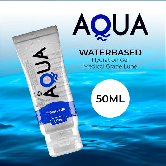 Aqua water-based hydration gel tube with a blue water background