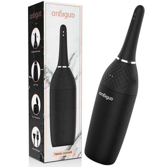 Black travel cleaner with packaging on a white background