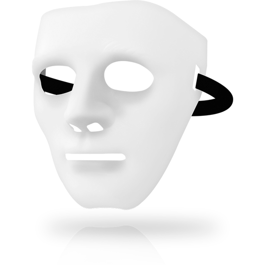 White mask with black accents on a white background